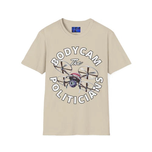 Beige unisex T-shirt with Bodycam drone graphic and POLITICIANS text
