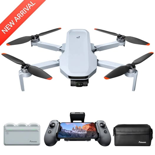 White quadcopter drone with foldable props, controller, and black carrying case.