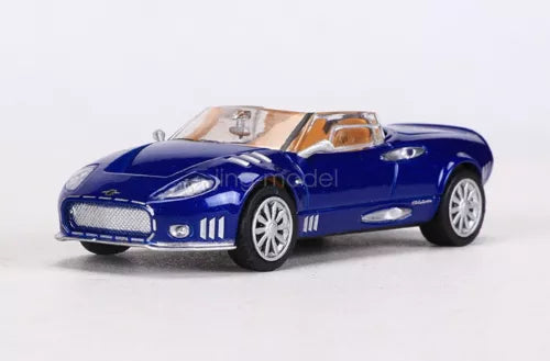 Blue 1/64 scale diecast sports car model with open details, front 3/4 view