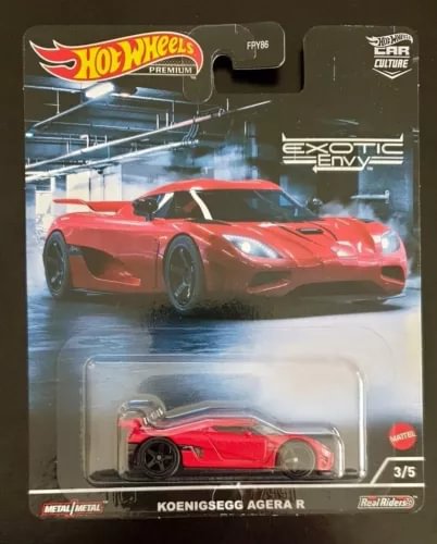 Hot Wheels diecast red Koenigsegg Agera R car in blister pack, front 3/4 view