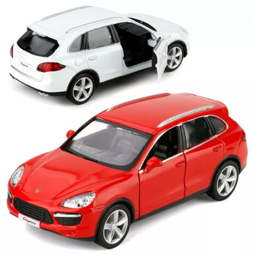 Diecast SUV model cars in red and white, detailed wheels and windows