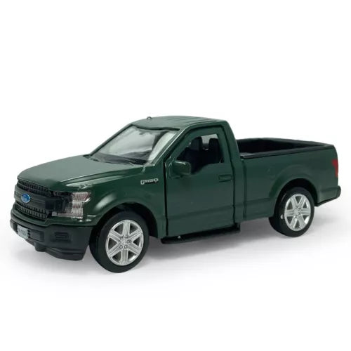 Green diecast pickup truck model toy with openable doors and silver wheels