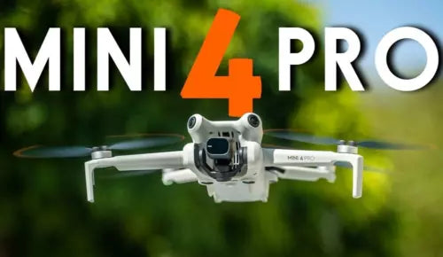 White DJI Mini 4 Pro drone quadcopter with four propellers, front camera