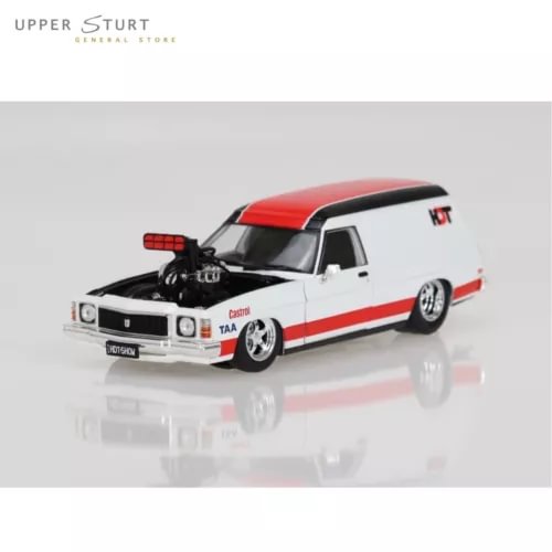 Red and white diecast panel van toy model, black hood, front three-quarter view