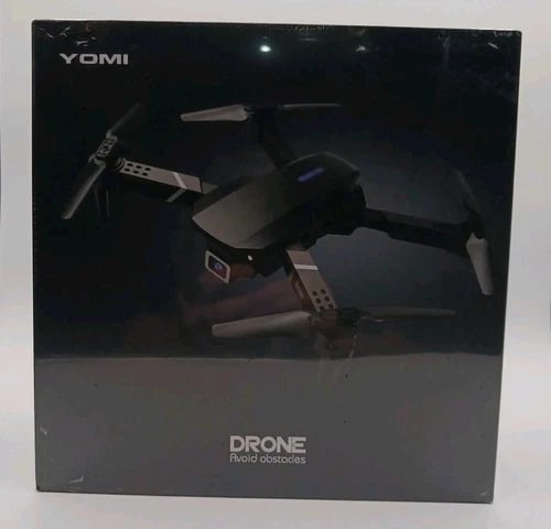 Camera drone in retail box, black quadcopter with propellers and controller icons
