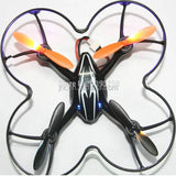 Mini quadcopter drone with four orange propellers and LED lights