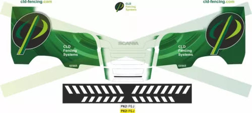 Green and black fencing decal set for Scania truck model, with stripes and logos