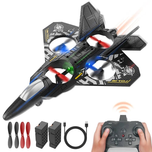 Black and blue 2.4GHz RC airplane toy with glowing LEDs, remote controller and parts