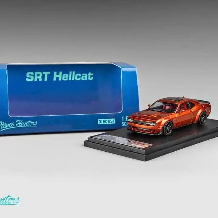 1:64 Dodge Challenger SRT Hellcat diecast model car, orange with black wheels