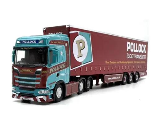 Maroon and teal diecast container delivery truck model with trailer, UK scale