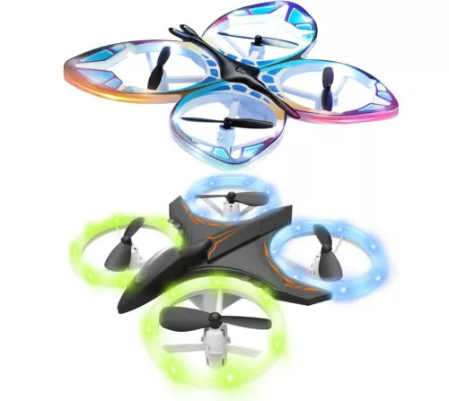 Quadcopter drone with four propellers and colorful LED rings, viewed from above