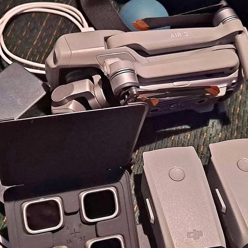 DJI Air 2S drone with remote controller and charging cables, gray body