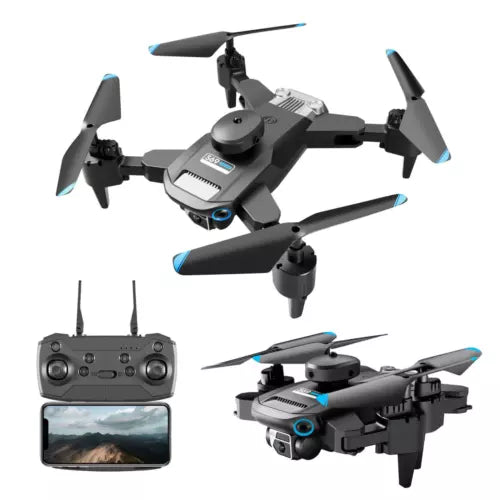 FPV quadcopter drone with blue accents and controller with screen