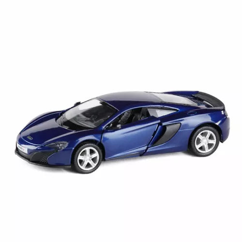 McLaren 650S diecast model car, blue with silver wheels and detailed body