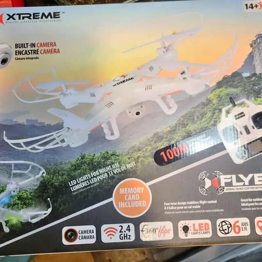 Xtreme drone product box front with built-in camera and LED lights icons