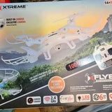 Xtreme drone product box front with built-in camera and LED lights icons