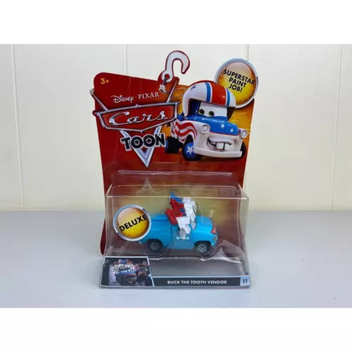 Die-cast toy car in retail box, blue truck with red accents and white stars