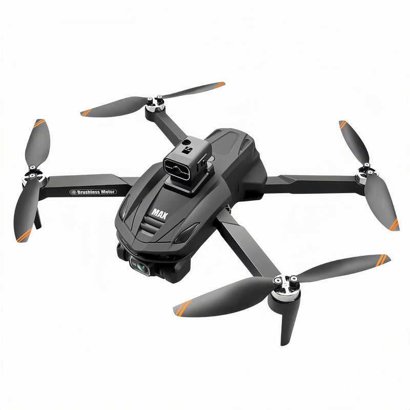 Quadcopter drone with front camera, four propellers, dark gray body