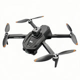Quadcopter drone with front camera, four propellers, dark gray body
