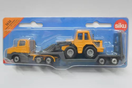 Siku die-cast low loader truck with front loader, yellow cab and gray trailer