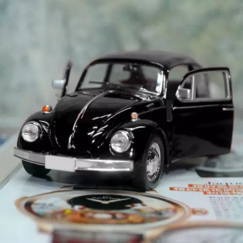 Black retro beetle diecast pull-back car toy with opening doors
