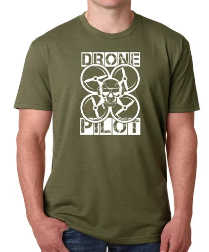 Olive green T-shirt with drone pilot skull graphic
