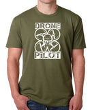 Olive green T-shirt with drone pilot skull graphic