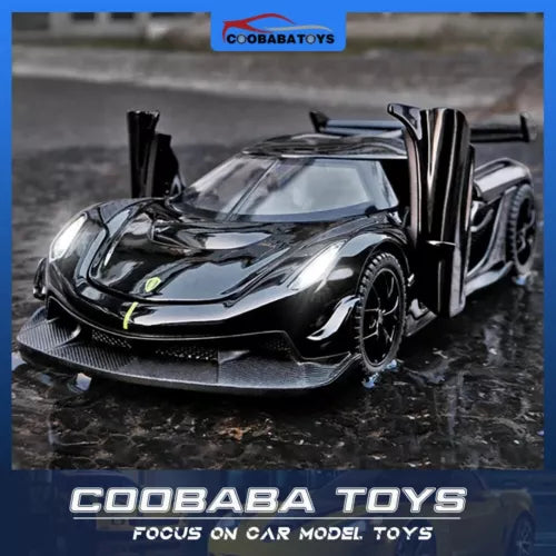Black diecast alloy toy car model with scissor doors raised, front 3/4 view