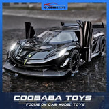 Black diecast alloy toy car model with scissor doors raised, front 3/4 view