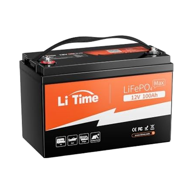 LiTime LiFePO4 lithium battery, black with orange 12V 100Ah label and cables