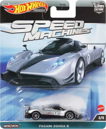 Silver Pagani Zonda R 1/64 diecast car in blister pack, front 3/4 view