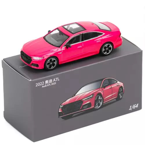 1/64 diecast model car, pink Audi A7 coupe with black grille and alloy wheels