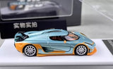 1:64 scale ice blue racing sports diecast model car, side view