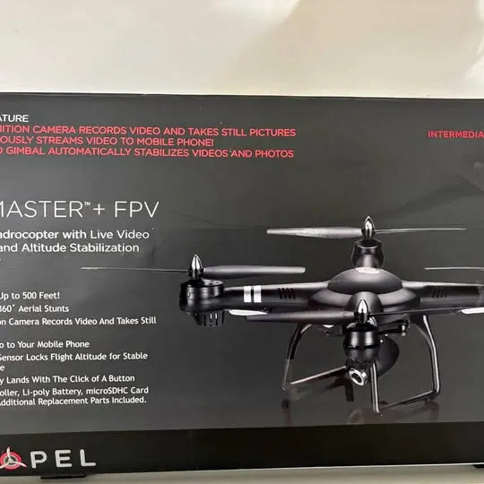 FPV drone with four rotors on retail packaging, shown in product photo