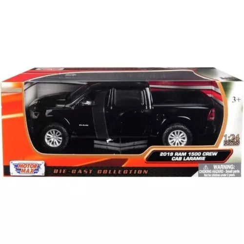 Black diecast pickup truck model with crew cab, 2019 Ram 1500, in retail box