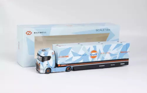 1:64 blue enclosed double-deck truck model with Gulf-style graphics, diecast metal