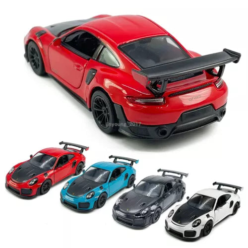 Red 1:36 Porsche GT2 RS diecast model car with rear spoiler, plus other color models