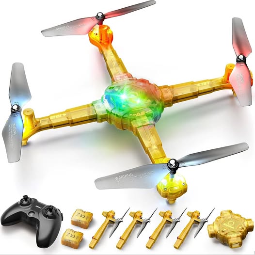 Yellow RC quadcopter drone with multicolor LEDs, four propellers, and controller