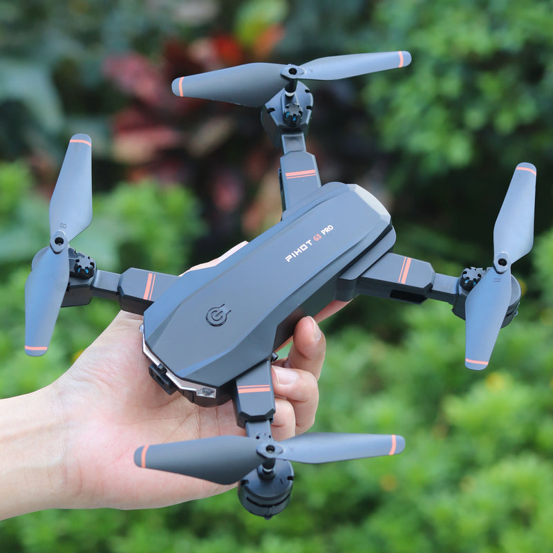 Foldable pocket quadcopter drone with four propellers and front camera
