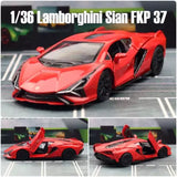 Red 1/36 diecast model car with black wheels, front-left 3/4 view