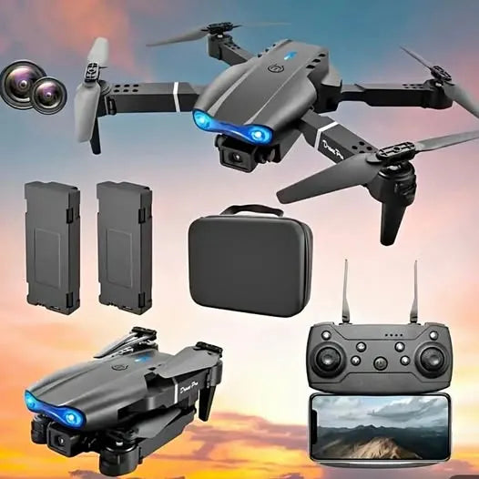 Drone quadcopter with remote controller, screen, two batteries, and carry case