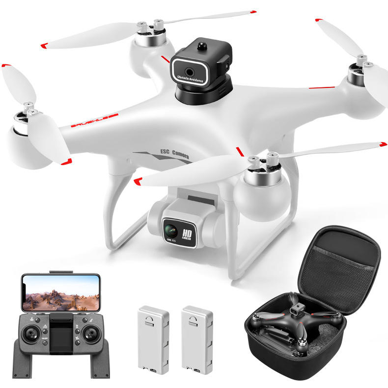 White mini drone with built-in camera, controller, two batteries, and carrying case