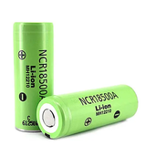 Rechargeable Li-ion battery cell, green, marked NCR18500A and +/– terminals