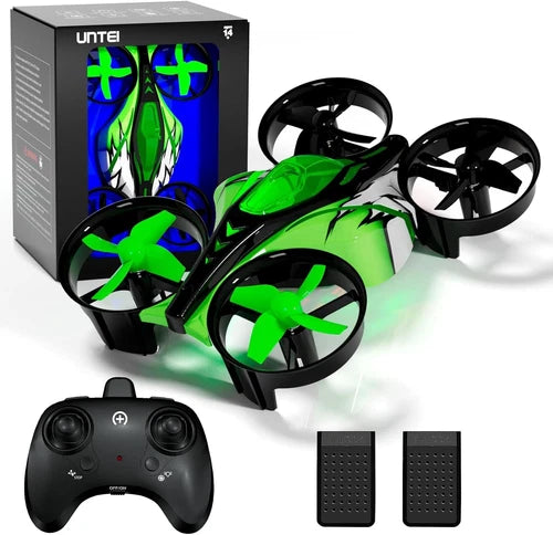 Green mini quadcopter drone with black controller and two battery charging pads