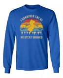 Blue long-sleeve T-shirt with retro mystery drones graphic