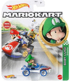 Character-themed die-cast toy car with blue body, red accents, and green Luigi figure
