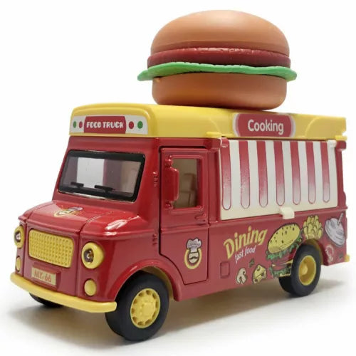Red diecast food truck model car with burger roof and side stripes, opening doors visible