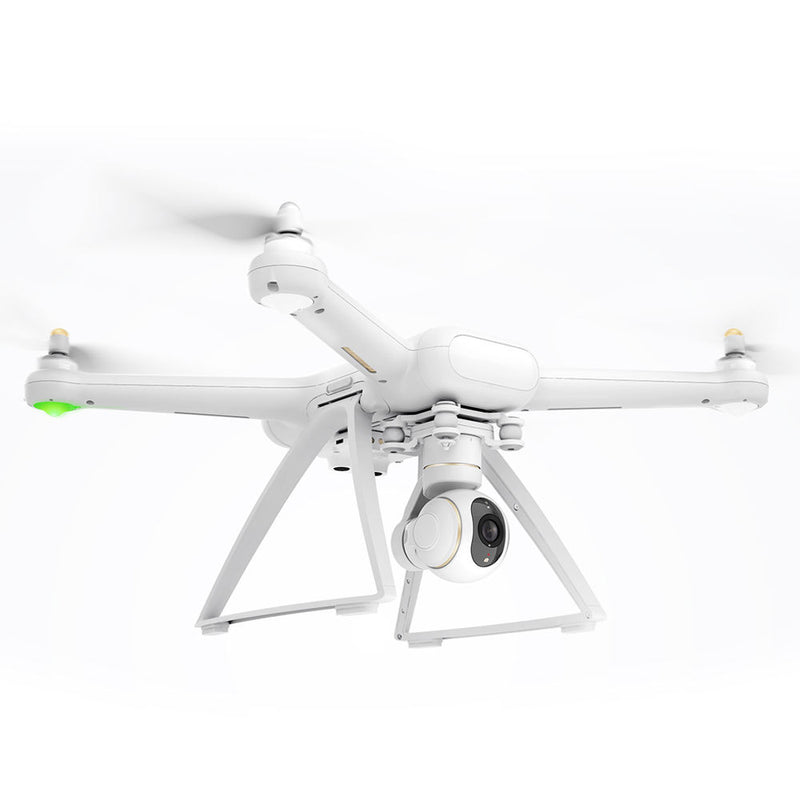 White quadcopter drone with front camera and stabilizing gimbal