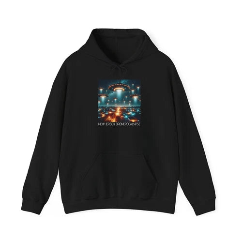 Black pullover hoodie with UFO-style graphic front, hood and kangaroo pocket