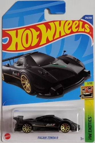 Black Hot Wheels Pagani Zonda R die-cast car, front view on blister card